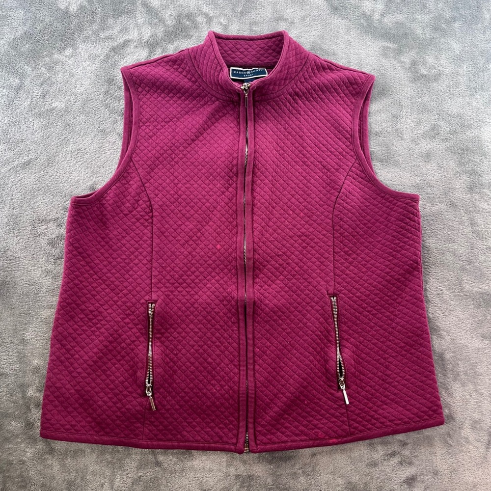 Karen Scott Sport Womens XL Magenta Pink Quilted Full Zip Mock Neck Vest Pockets